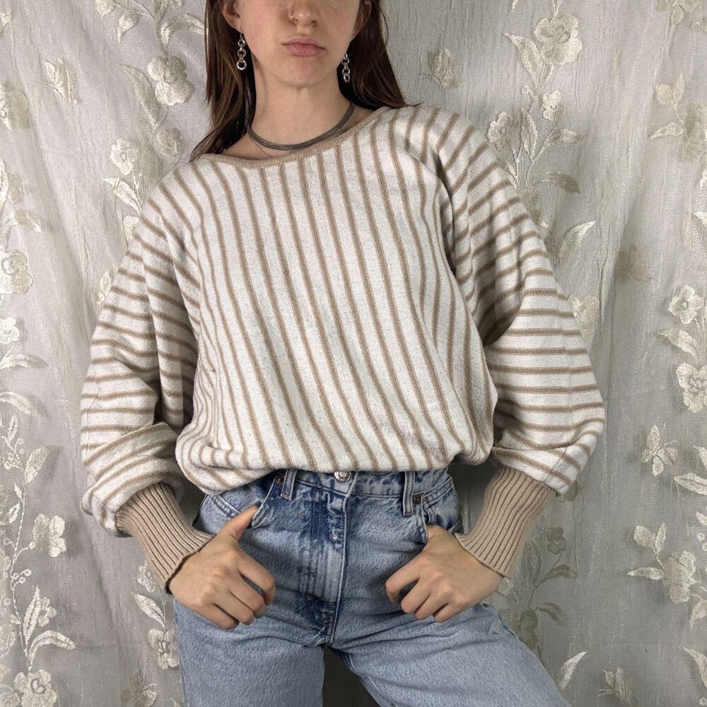Tahari Neutral Striped Knit Sweater - Oversized Dolman Sleeve -Light Academia